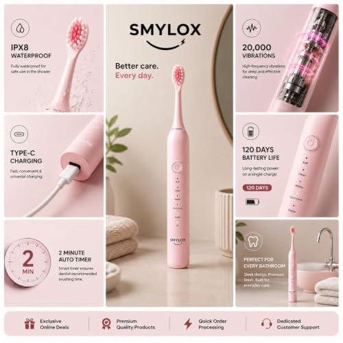 Image of Smylox Go Rechargeable Electric Toothbrush for Adults | 2 Brush Heads | 5 Cleaning Modes | 120-Day Battery Life | 2-Min Smart Timer with QuadPacer | IPX8 Waterproof | USB-C Fast Charging, 1-Y Warranty