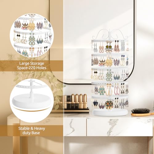 Image of MODOWEY Rotating Earring Holder Organizer Stand, 5 Tier Metal Tree Display for Women Vendors, 220 Holes Adjustable Jewelry rack for Stud Hoop Dangle Storage, Trendy Carousel Keeps Dresser Neat, White