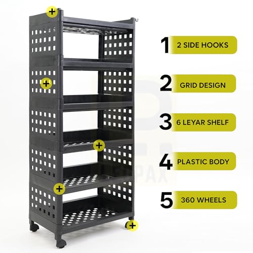 Image of LEOPAX 6 Layers Plastic Rolling Storage Rack | Multipurpose Stackable Storage Rack with Wheels for Kitchen Laundry Room Bathroom Office Home - Black (50 x 30 x 117cm)