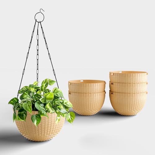 Image of YUCCABE ITALIA SHERA URO-Basket Plastic Flower Pot with Drainage Holes Round Planter Pot Suitable for Inddor Outdoor Kitchen (Beige, 6 INCH - 6 Pcs)