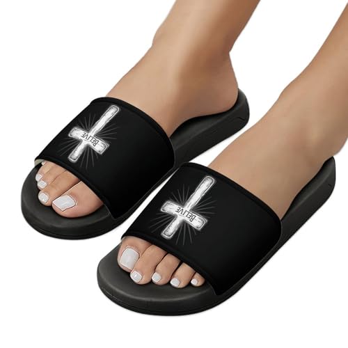 Jesus Cross Believe Printed Unisex Shower Shoes House Slippers Non-Slip Indoor Bathroom Shoes for Pool Beach 37 (235mm)3