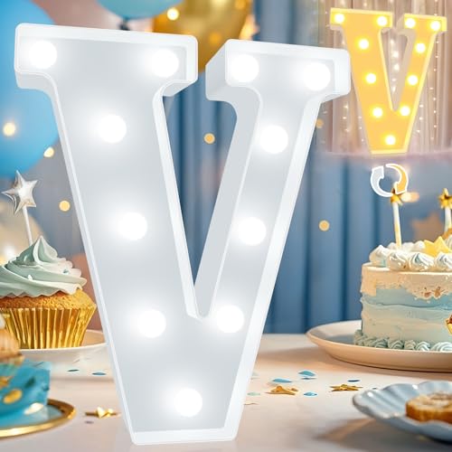 Image of Pooqla LED Marquee Letter Lights, Warm White and Cool White Decorative Lighted Letters, Light Up Alphabet Letters for Boys Girls, Party, Wedding, Bar, Night Light, Birthday Decoration, Letter V