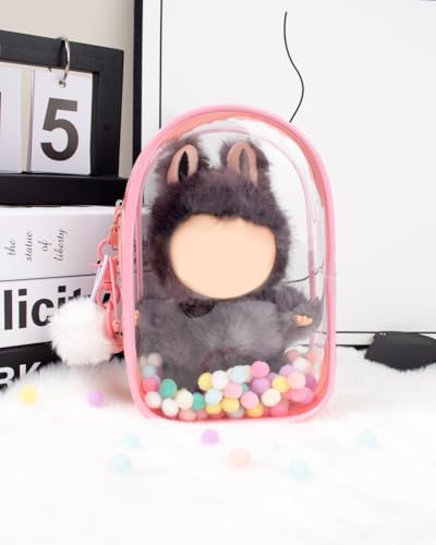 Image of Clear Figure Display Bag with Keychain for Doll, Protective Case for Plush Doll, Clear Hanging Display Cases, Crossbody Doll Storage Bag, PVC Storage Case Cover for Figures Dolls (Pink, Middle)