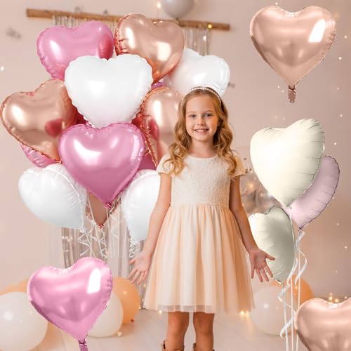 Image of Rose Gold Heart Balloons, 10 Pcs Light Pink Heart Shaped Balloon, 18 Inch Rose Gold and White Foil Balloons Helium for Girls Women Brithday Bridal Baby Shower Wedding Valentines Party Decorations