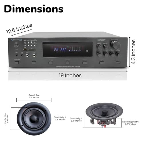 Image of Technical Pro Home Stereo System Kit - 6 Channel 6000 W Bluetooth Amplifier w / 6 Qty of 8 inch Frameless Ceiling Speakers 300 W Each, 300 ft Speaker Wire & Remote for Living Room, Office, Commercial, Bar