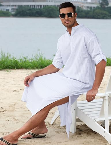 TURETRENDY Men's Long Sleeve Kaftan Thobe Button Down Henley Robe Casual Side Split Gown Shirt with Pocket4