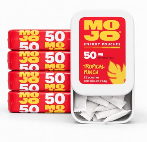 Image of MOJO Caffeine Pouches with Naturally Derived Caffeine from Green Tea, Ginseng, Yerba Mate, L-Theanine & B-Vitamins | Nicotine-Free | Zero Sugar | 50mg Caffeine | Tropical Punch