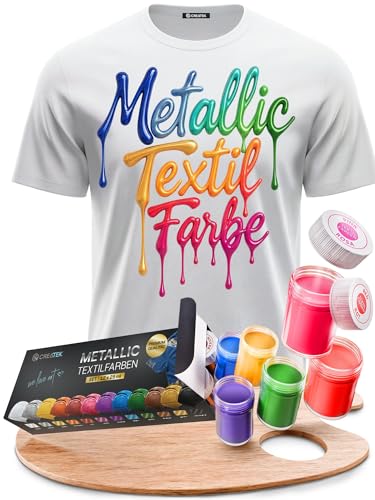 CreaTek Textilfarbe waschmaschinenfest 12 Metallic Farben je 25ml + 2 Pinsel - echte Stoffmalfarben waschfest bis 40C - Stofffarben ideal für helle T-Shirts Schuhe Taschen - Fabric Paint Set