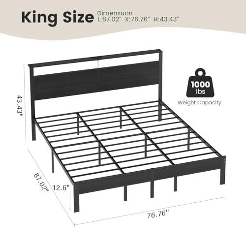 Image of King Size Bed Frame with LED Lights and Charging Station | Black Metal Platform Bed with Wood StorageHeadboard, Sturdy Slats, No Box Spring Needed, Noise Free, Easy Assembly