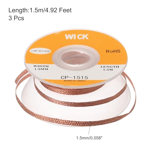 Image of MECCANIXITY Solder Wick Braid No-Clean Desoldering Wick Braid 0.06 Inch Width 5 Feet Length for Remove the Solder Electrical Components 3 Pack