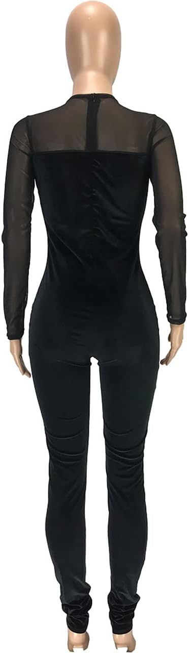 WOKANSE Women's Sexy Long Sleeves Mesh Patchwork Bodycon Velvet Jumpsuits Long Romper Pants One Piece Clubwear - Image 5