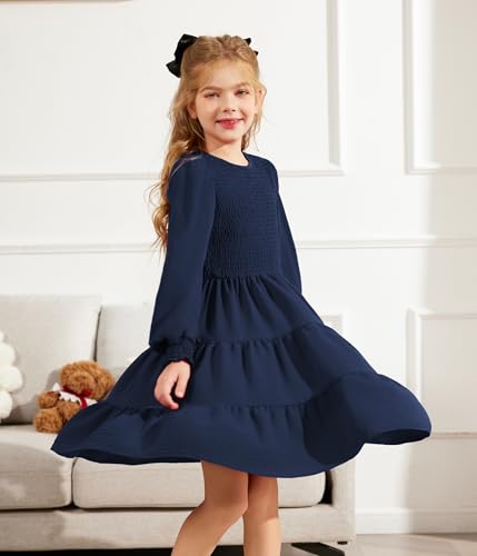 Arshiner Girls Dress Fall Boho Long Sleeve Shirred Smocked Tiered Party Dresses with Pockets3