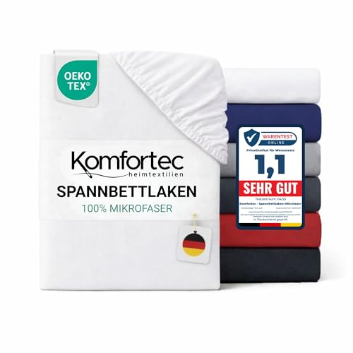 Komfortec Mikrofaser Spannbettlaken 180x200 cm – Weiches Spannbetttuch mit Rundumgummi – Fitted Sheet für Matratzen bis 30 cm – Weiß – Oeko-Tex – Pflegeleicht & Hautfreundlich – 90g/m²