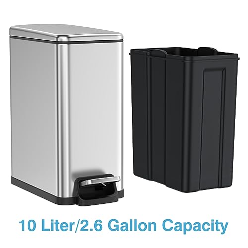 Image of BETHEBEST Small Bathroom Trash Can with Lid,2.6 Gallon Rectangular Satinless Steel Garbage Can Removable Wastebasket for Bedroom,Bathroom,Silver (with 120 Count Garbage Bag)