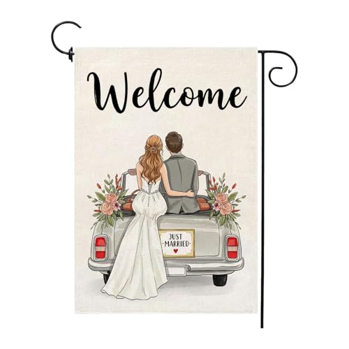 Just Married Wedding Garden Flag 12x18 Inch Burlap Double Sided...
