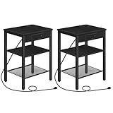 HOOBRO End Table Set of 2 with Charging Station and USB Ports, 3-Tier Nightstands with Adjustable Shelves, Narrow Side Table for Small Space in Living Room, Bedroom and Balcony, Black BB112BZP201