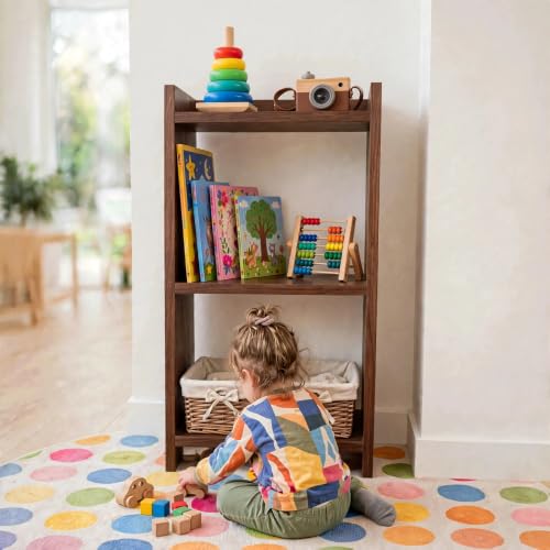 Image of SBF Furniture 3 Tier Wooden Bookshelf, Engineered Wood Book Rack, Multipurpose Storage Shelf for Books, Decor & Kitchen, Compact Space-Saving Shelf (Brown)