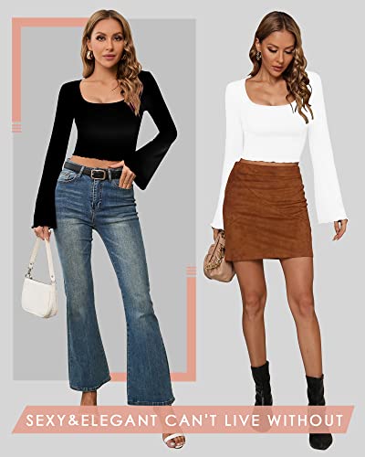 CLOZOZ Bell Sleeve Crop Tops for Women Square Neck Long Flare Sleeve Lettuce Trim Shirts Slim Fitted Sexy Casual Trendy Tops4