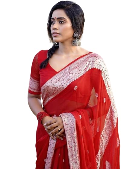 Flosive Women's Cotton Woven Soft Silk Saree With Blouse Piece Multicolor (Red)