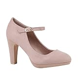  Damen Schuhe Plateau Pumps Lack Spangenpumps High Heels Blockabsatz 152435 Creme Velours Basic 37 Flandell