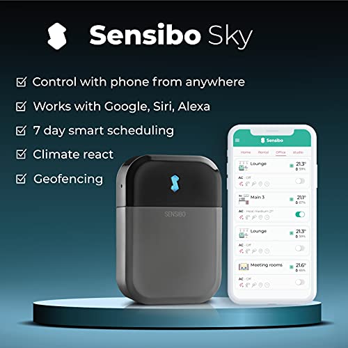 Sensibo Sky, kabellose smarte Steuerung für Klimaanlagen. Schnelle & einfache DIY-Installation. Komfort dank energieeffizienter Thermostat-Control-App. Kompatibel mit Google, Alexa & Siri