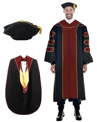 Image of Deluxe Graduation Doctoral Gown Doctoral Hood and Tam 8 Sided Package with Gold Piping Doctoral Regalia