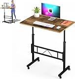 Klvied Small Standing Desk Adjustable Height, Mobile Desk for Sitting and Standing, Rolling Stand Up Desk with Wheels, Portable Laptop Table, Standing Computer Desk for Walking Pad (Brown)