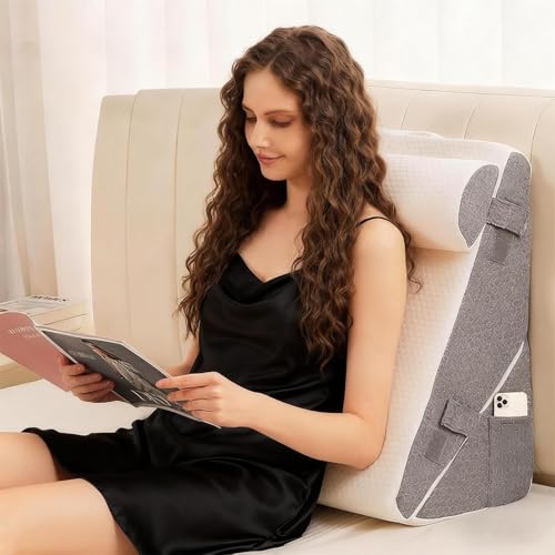KATLKIU Ortopedyczna trójkątna poduszka 56 × 56 × 30 cm - Memory Foam Anti-Reflux, zapobiegająca chrapaniu, czytanie i regeneracja po operacji, ulepszona wersja
