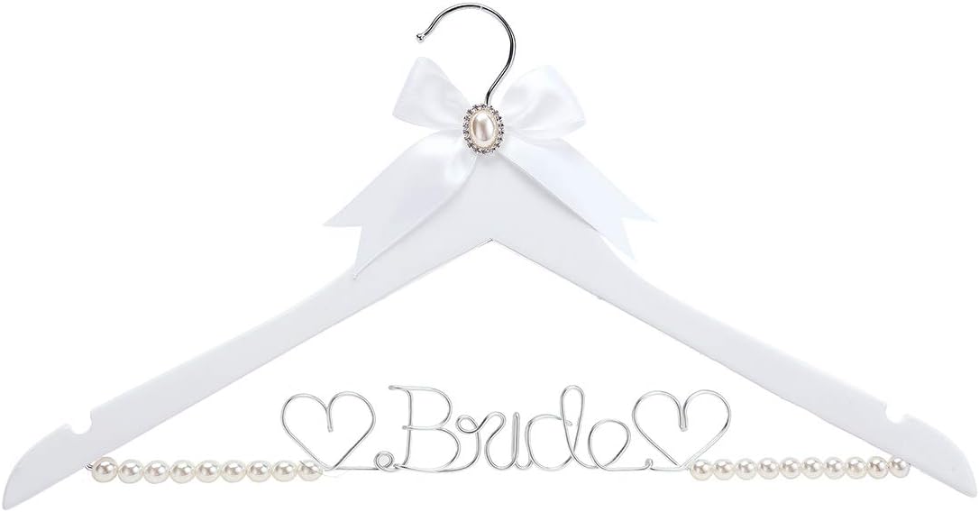 White Solid Wood Bridal Dress Hanger with Bridal Wire Lettering for Bridal Wedding Party Gift (White Coat Hanger Pearl Silver Thread)