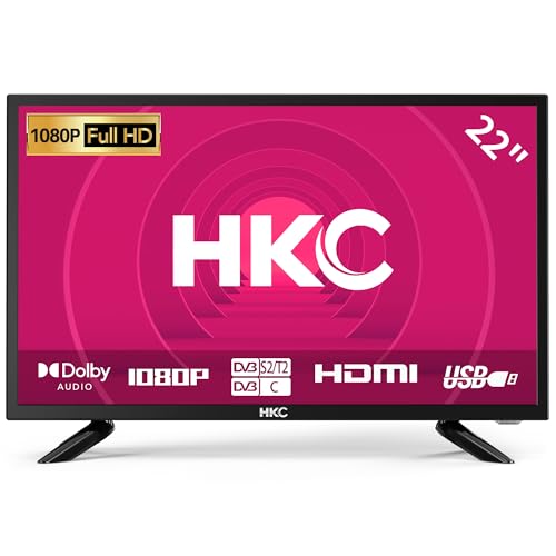 HKC Téléviseur FHD 22 pouces, Freeview DVB-T2-C-S2 Dolby Digital Audio, FHD LED Rétroéclairage, HDMI VGA PC Audio Péritel USB...