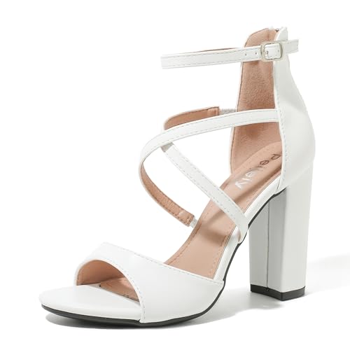 Peijely Women's Strappy Sandals, Block High Heel, Ankle Buckle Zip Closure, Dress Party Heels White Matte 38 - insole length: 24cm/9.45 inch - US 7 by Peijely - Used condition - US$25.92
