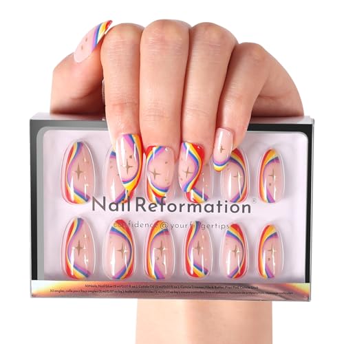 Nail Reformation Press On Nails Rainbow Ombre Swirl Medium Almond Fake Nails with Gold Starburst & Scattered Heart Glossy Reusable Stick On Nails in 15 Sizes - 30 False Nail Kit Gifts for Women