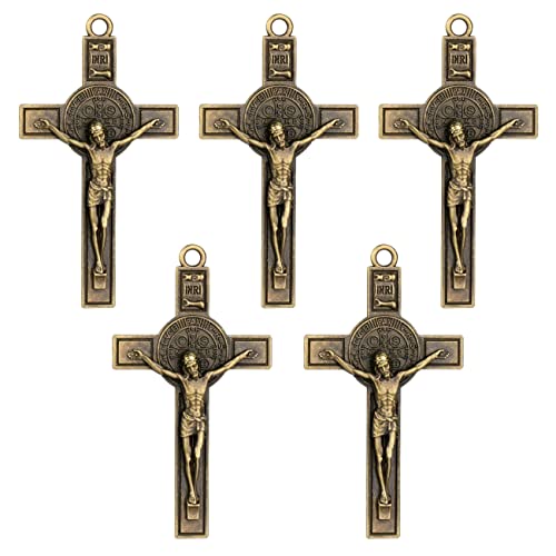 diyalo St. Benedict Exorcism Crucifix Cross Pendant for DIY Rosary Necklace Chaplet Part Jewelry Making Accessories Charms 5Pcs Bulk (Thin-bronze color)