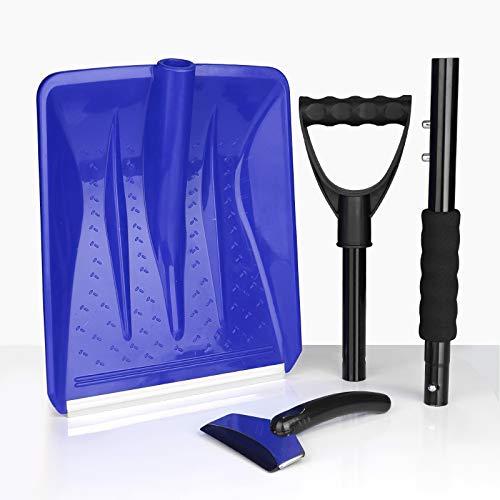IPSXP Snow Shovel,Detachable Plastic Emergency Snow Shovel (31.5in/80cm) with Stainless Steel Pole and Aluminum Edged Wide Blade Shovel, Perfect for Car Driveway, Camping and Outdoor Emergency (Blue)
