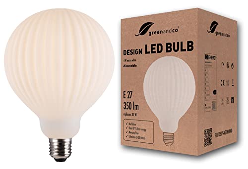 greenandco Vintage Design LED Lampe | Opal Streifen | dimmbar | E27 G125 | 4W 350lm | CRI90+ | 3000K warmweiß | flimmerfrei | zur Stimmungsbeleuchtung | 360° | 230V