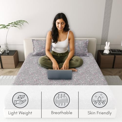 Image of Mafatlal 186 Tc Corsica Cotton Bedsheet King Size | 108 X 108 Inches | Breathable Summer Sheets for Sleeping Comfort | Pure Cotton Bedding with 2 Pillow Covers | Grey Matter