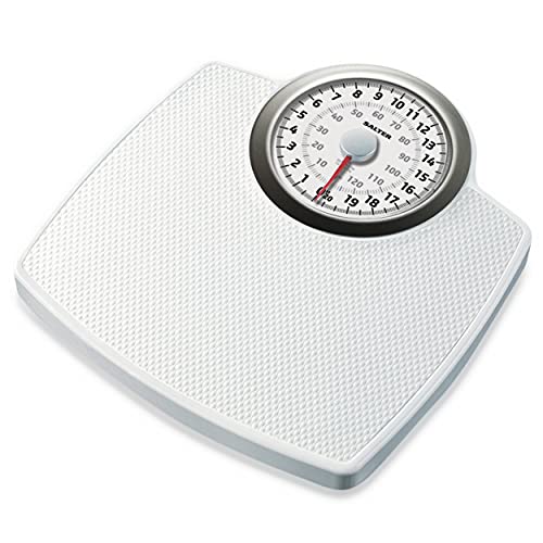 Salter 144 WHSVDR Báscula de baño mecánica clásica: Báscula de peso corporal, máxima de 130 KG, esfera extragrande, plataforma grande con estera antideslizante, tecnología Step-On, sin batería