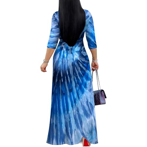 Image of SUZONANA Plus Size Maxi Dresses for Women 3 /4 Sleeve Wrap Boho Long Dress Blue Tie Dye Summer Beach Vacation Cruist Outfits