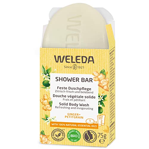 Weleda Ginger + Petitgrain Solid Shower Gel, fórmula biodegradável e vegana de origem 100% natural, à base de gengibre picante e notas frescas e vivas de petitgrain (1x 75g)