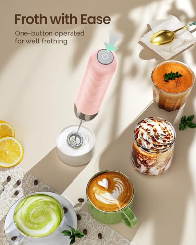 Maestri House Rechargeable Milk Frother, Handheld Electric Foam Maker Detachable Stainless Steel Whisk Drink Mixer Foamer Mini Blender for Matcha, Lattes, Cappuccino, No Stand (Pink) - image 6
