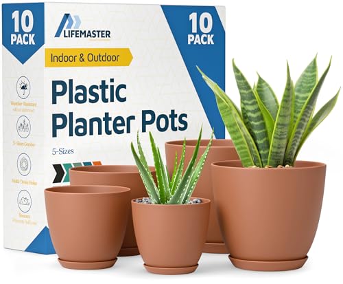 Terracotta Plant Pots with Drainage Holes & Saucers 10 Pack, Indoor & Outdoor Stackable Space-Saving Planters for Houseplants & Flowers, (7', 6.7', 6', 5.3', and 4.8' Inches), Durable & Weatherproof