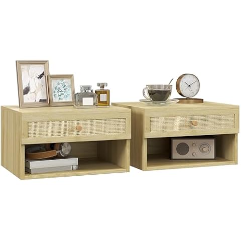 HOMCOM Floating Bedside Tables with Rattan Drawer Cover