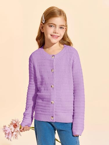 Image of Haloumoning Girls Button Down Cardigan Jackets Kids Long Sleeve Cable Knit Sweaters 5-14 Years Purple