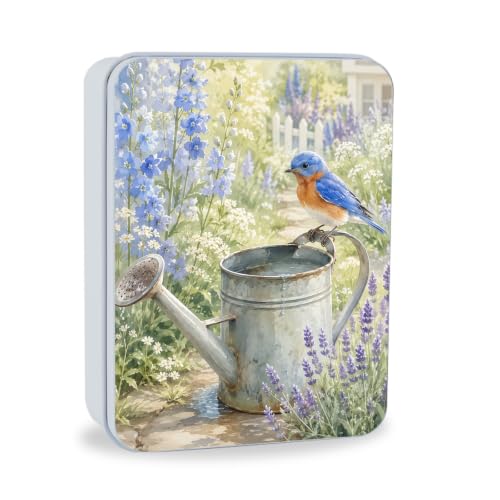 Image of Decorative Metal Tin Box with Lid,Bluebird Watering Can Organizer