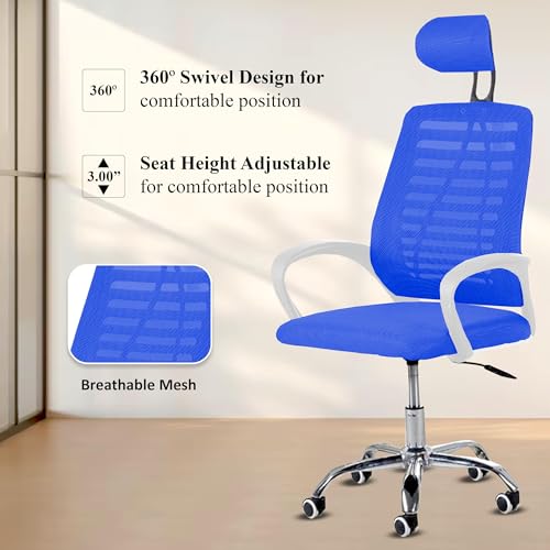 Image of Casa Copenhagen,Mesh Office Desk Chair,Rocking Ergonomic Computer Chair Adjustable High with Headrest and Comfortable Armrest Swivel - Blue & White Handle