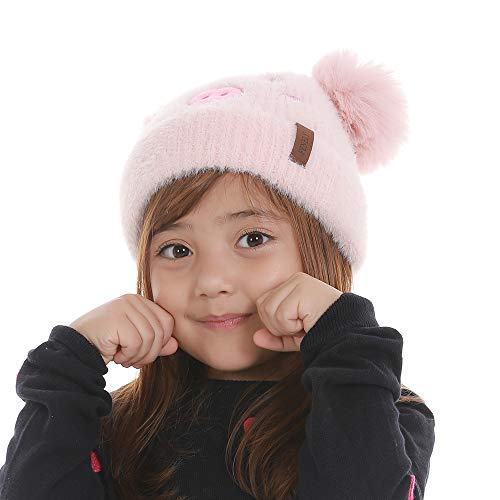 Kids Winter Beanie Knitted Hats For Girls Boys Toddler Baby, Pig Cartoon Animal Faux Fur Double Pom Pom Bobble Warm Soft Fleece Cute Infant Stocking Cap For Children #TOP6
