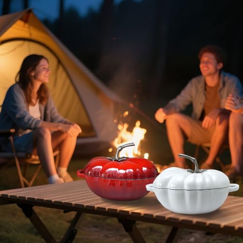 Horno holandés de hierro fundido, olla antiadherente en forma de tomate con tapa, ideal para guisos y sopas, compatible con estufas de inducción y gas