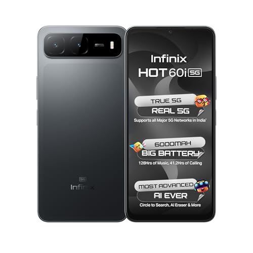 Image of Infinix HOT 60i 5G (Sleek Black, 4GB RAM, 128GB Storage) | True 5G (Works On Jio, Vi, Airtel)|6000mAh Biggest Battery|Most Advanced Infinix AI- AI Eraser, Circle to Search Without Offers