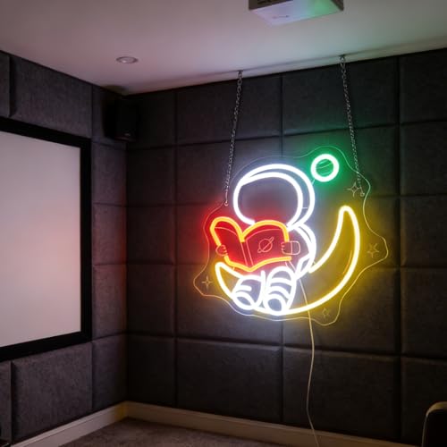 Image of Nordstylee Astronaut Reading on Moon Neon Sign for Kids Room Study - Bookish LED Wall Art, Dimmable USB Space-Themed Decor, Unique Wall Hanging
