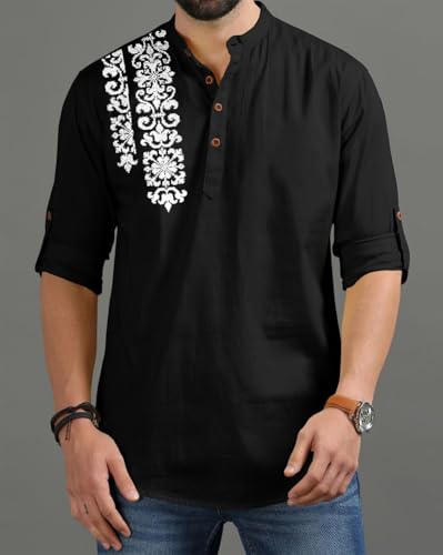 Image of FINIVO FASHION Men's Regular Fit Cotton Blend Kurta Shirt | Full Sleeve Ethnic Shirt with Mandarin Collar and Button Placket | Casual Kurta for Daily and Traditional Use